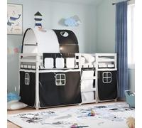 Teenpull Litera de Madera Maciza de Pino en Blanco y Negro con Cortinas, Estructura Resistente para Dormitorio Infantil y Juvenil, tamaño 80x200 cm, con barandillas de Seguridad y Escalera práctica