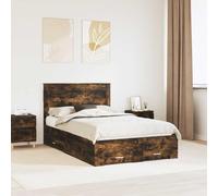 Teenpull Marco de cama de roble ahumado de madera de 120 x 190 cm con somier de láminas y cajones de almacenamiento, cama de dormitorio moderna con cabecero para cama individual y habitación de