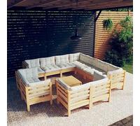 Teenpull Muebles de jardín 12 Piezas Madera Maciza de Pino con Cojines Crema, Conjunto Modular para terraza, Patio o balcón, sofá rinconera, Mesa y reposapiés para Descanso y Ocio al Aire Libre