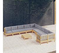 Teenpull Muebles de jardín Conjunto Exterior de Madera Maciza de Pino Gris con 11 Cojines, sofá rinconera Modular y Mesa reposapiés para terraza, Patio, balcón y Ocio al Aire Libre