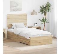 Teenpull Roble Sonoma Cama somier Base lecho con cabecero, Estructura 90 x 200 cm, cajón y almacenaje, Madera de ingeniería, Montaje fácil, Dormitorio Juvenil y Adulto