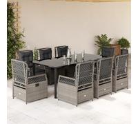 Teenpull Set Comedor jardín 9 Piezas ratán sintético Gris Claro con Cojines, Mesa Vidrio Templado 200x100x74 cm, sillas reclinables Resistentes para terraza Patio y Exterior Ocio Barbacoa