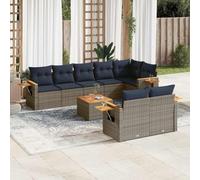 Teenpull Set de sofás de jardín Modular de ratán sintético Gris con 9 Piezas, Cojines desenfundables, Mesa Auxiliar de Madera de Acacia para terraza, Patio y balcón, Resistente y fácil de Limpiar