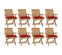 Teenpull Sillas de jardín plegables de madera maciza de teca con cojines rojos, 8 unidades, resistentes a la intemperie, para terraza, balcón, jardín, camping, con reposabrazos, apilables y cómodas