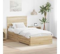 Teenpull Sonoma Oak Bed Frame with headboard 90 x 200 cm, Engineered Wood, slatted Base, Storage Drawer, Modern Bedroom Platform Bed for Single Mattress, Easy-Clean Design, Space-Saving Comfort