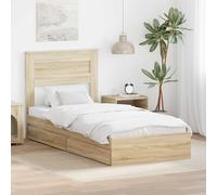 Teenpull Sonoma Oak Storage Bed Frame with headboard, 75 x 190 cm, Engineered Wood, slatted Platform, Drawer Storage, Bedroom Space Saving, One Person, Easy Assembly