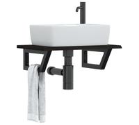 Teenpull Tapa de lavabo con soporte, madera maciza de roble marrón oscuro, 60 x 40 x 2 cm, acero negro, forma trapezoidal, para baño, diseño flotante, ahorra espacio