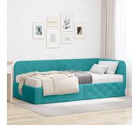Teenpull Turquoise Corner Bed Frame 100 x 200 cm Velvet upholstered L Shape Reversible headboard Plywood slats Sofa Bed for Bedroom Space Saving Indoor Use
