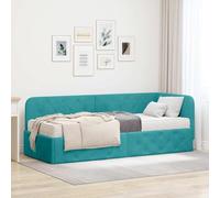 Teenpull Turquoise Corner Bed Frame 80 x 200 cm Velvet upholstered L Shape with Reversible headboard Plywood Slat Support for Bedroom Sofa Bed Space Saving Indoor Use