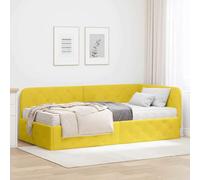 Teenpull Yellow Corner Bed Frame 90 x 190 cm Velvet upholstered L-Shaped Sofa Bed with Reversible headboard, Plywood Slat Support, for Small bedrooms and Daily Indoor Use
