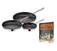 Tefal E304S3.TOG Jamie Oliver Cook's Direct On - Juego de sartenes de 3 Piezas + folleto con 10 Recetas, 20/24/28 cm, Apto para inducción, Apto para lavavajillas, señal térmica, Acero Inoxidable