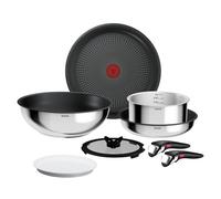 Tefal Ingenio Comfort Max - Juego de 2 Sartenes de 24/28 cm, Wok de 26 cm, Cazo de 20 cm, 2 Tapas, 2 Mango extraíbles, Acero inoxidable, Apilable, Revestimiento antiadherente, Thermo-Signal, Inducción