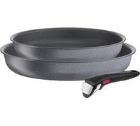Tefal Ingenio L3969202, juego de sartenes para freír, color gris, aluminio, revestimiento de titanio, color negro, con indicador de temperatura