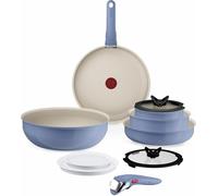 Tefal Ingenio Serenity - Juego de 2 Sartenes 22/28 cm + Wok 26 cm + 2 Cazos 16/20 cm + 4 Accesorios + 2 Mangos, Revestimiento Antiadherente, Apilable, Inducción, Apto lavavajillas y horno, Azul