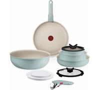 Tefal Ingenio Serenity - Juego de 2 Sartenes 22/28 cm + Wok 26 cm + 2 Cazos 16/20 cm + 4 Accesorios + 2 Mangos, Revestimiento Antiadherente, Apilable, Inducción, Apto lavavajillas y horno, Eucalipto