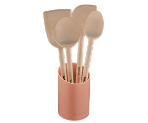 Tefal Kit Natura de 4 utensilios de cocina, Madera con mango pintado, Terracotta, Soporte