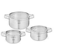 Tefal Nordica - Batería de cocina (6 piezas, 18/20/24 cm, acero inoxidable, tapas de cristal, boquillas de goteo, fácil inducción H852S655