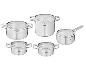TEFAL Nordica H852SA55 Juego de ollas de acero con tapa de 10 piezas: olla 18/20/24 cm, olla alta 22 cm, cacerola de 16 cm