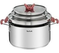 Tefal Optispace - Juego de 3 Ollas + 3 Accesorios, Acero inoxidable | 3 Ollas 18/20/24 cm + 3 Tapas, Revestimiento antiadherente, Diseño apilable, Thermo-Spot, Apto inducción
