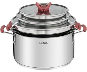 Tefal Optispace - Juego de 3 Ollas + 3 Accesorios, Acero inoxidable | 3 Ollas 18/20/24 cm + 3 Tapas, Revestimiento antiadherente, Diseño apilable, Thermo-Spot, Apto inducción