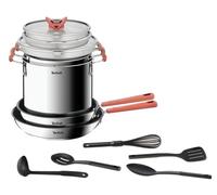 Tefal Optispace - Juego de 2 Sartenes antiadherentes 24/28 cm + 3 Ollas 18/20/22 cm + 2 Tapas, Apto inducción, Thermo-signal, apto lavavajillas y horno, acero inoxidable