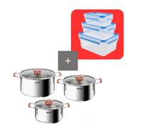 Tefal Optispace - Juego de 3 Ollas 18/20/24 cm + 3 Tapas, Apto inducción, Thermo-Fusion, marcas medición, apto lavavajillas y horno, acero inoxidable