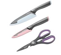 Tefal Slicy Knives, Set de 2 cuchillos + Tijeras: Chef 15 cm, Pelador 9 cm, Hojas Antiadherentes, Fundas individuales, Identificación por colores, Mangos de tacto suave