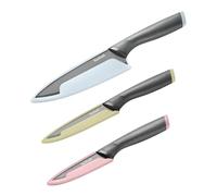 Tefal Slicy Knives, Set de 3 cuchillos: Chef 15 cm, Multiusos 12 cm, Pelador 9 cm, Cuchillas antiadherentes con titanio, Fundas individuales, Identificación por colores, Mangos de tacto suave