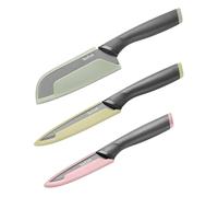 Tefal Slicy Knives, Set de 3 cuchillos: Santoku 12 cm, Multiusos 12 cm, Pelador 9 cm, Cuchillas antiadherentes con titanio, Fundas individuales, Identificación por colores, Mangos de tacto suave