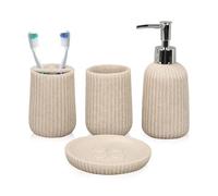 Tefola Juego de Baño de Resina de - 4 Piezas - Botella de Loción de 250 ml, Vaso para Enjuague Bucal, Soporte para Cepillo de Dientes, Jabonera - Juego de Accesorios de Baño - Beige