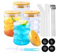 TEGOVE Tazas de Vidrio de Burbuja 350ml con Tapa y Cuchara, Vasos para Té, Café, Leche, Latte, Macchiato - Juego de 4 Piezas