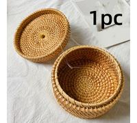 TEMU 1 Cesta de almacenamiento redonda tejida de estilo bohemio para llaves//cosméticos, accesorio de decoración y almacenamiento para entrada de habitación del hogar