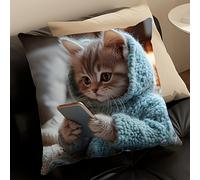 TEMU 1 de almohada adorable de gato tigre que mide 18X18 pulgadas (45X45 cm), con un en una suéter azul y sosteniendo un smartphone. Tiene una cierre de cremallera lavable a máquina.