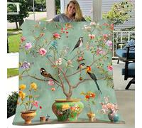 TEMU 1 de Forro Polar con Estampado de Flores Verdes y Pájaros Encantador - , Portátil, Confort para Todas , Lavable a Máquina, 100.0% Poliéster - para Decoración del Hogar y Viajes