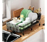 TEMU 1 escurridor de platos grande - Escurridor de platos expandible para encimera de cocina, escurridor de metal con soporte para utensilios y soporte para tazas, negro