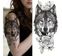 TEMU 1 Hoja de Pegatina Lobo - Impermeable, Temporal Duradero con Diseño Complejo de Lobo y Flores - para Brazos, Piernas y Más - Fácil Aplicación y Retirada, Corporal Temporal | Animal Realista |