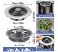 TEMU 1 pieza de colador y tapón de fregadero de cocina en ABS con acero inoxidable - compatible con tuberías de drenaje de 8.89 cm, diseño pop-up, ideal para uso en el hogar