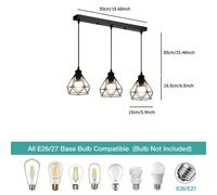 TEMU 1 Pieza de lámpara colgante minimalista con base E26/E27, jaula metálica, 3 luces para restaurante, barra, cocina, cafetería o tienda - iluminación ideal para Halloween y Navidad (sin bombillas)