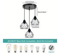 TEMU 1 Pieza lámpara colgante minimalista negra de 3 luces con base E27, ideal para restaurantes, bares, cocinas, escaleras y decoración en dormitorios Halloween y Navidad (sin bombilla)