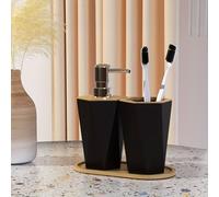 TEMU 1 Set de 3 piezas de accesorios de baño, Set de accesorios de baño de plástico, bandeja de tocador, dispensador de jabón y soporte para cepillos de dientes con , Decoración de baño bohemio