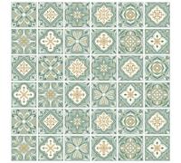 TEMU 1 Set de 36 piezas de Adhesivos Impermeables de PVC para Azulejos de Cocina y Baño, Azulejos de Pared Cuadrados a Prueba de Agua con Diseño de Flores Verde 100X100Mm, 12 Estilos, 3 piezas/