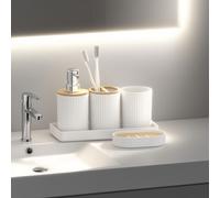 TEMU 1 Set de 5 piezas Juego de baño moderno Dispensador de loción Jabonera Soporte para cepillo de dientes, Vaso para dientes, Bandeja - de y adiciones fáciles de limpiar