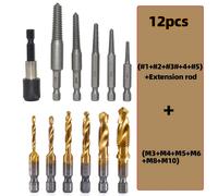 TEMU 12 Brocas Recubiertas de Titanio y Roscados, Tamaños Métricos M3-M10, con Vástago Hexagonal de 1/4 - Acero Rápido, Juego Extractor de Tuercas para Perforación e Hilado Eficientes