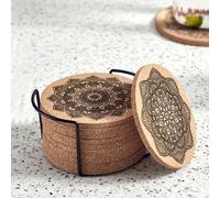 TEMU 12pcs Posavasos de Corcho con Soporte - Redondos, Diseño Floral | Antideslizantes, Resistentes al , Tapetes de Mesa para Decoración de Comedor y