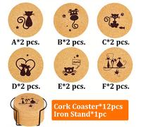 TEMU 12pcs/set Posavasos Aislantes para Gatos con Soporte de Hierro, Posavasos de Corcho, Posavasos Marrones, Posavasos Redondos Vintage, Posavasos Antideslizantes y No Quemantes