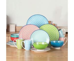 TEMU 16 piezas de porcelana multicolor japonés - Juego de vajilla mediterránea con de cena, de postre, de y taza, servicio para 4