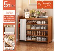 TEMU 1pc Armario de Zapatos de Bambú con Cortina - Acabado en Madera Natural Semi-Cerrado, Diseño Todo en Uno, Organizador de Almacenamiento Multiusos para Dormitorio, , Pasillo