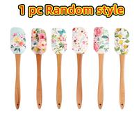 TEMU 1pc Espátula de Silicona con Mango de Madera - Estilo de Impresión Floral Aleatorio, Raspador Flexible Antiadherente para Cocinar y Repostería
