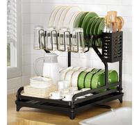 TEMU 1pc Estante para Platos Negro de 2 Niveles Sobre el Fregadero con Tabla de Escurre, Portautiles Extraíble, Estante para Tazas y Organizador de Cubiertos - Juego de Accesorios de Cocina