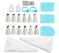 TEMU 21 piezas para hornear galletas, , pastel, decoración , herramientas de decoración de tubos, boquillas de acero inoxidable, bolsas de decoración blancas, juego de 3 piezas de raspador